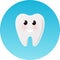 Cute healthy shiny cartoon tooth character, childrens dentistry concept vector Illustration. Happy tooth smiles on blue