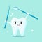 Cute healthy shiny cartoon tooth character  holding instruments examining teeth. Examination child dentistry concept.