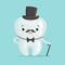 Cute healthy white cartoon tooth gentleman character wearing black top hat, childrens dentistry concept vector