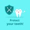 A cute healthy white smiling tooth holds a shield. The concept of protecting the health of teeth and oral cavity