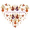 Cute heart from cartoon teapots, cups, birds, butterflies and flowers