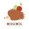 Cute hedgehog with apple isolated on white. Illustration for kids. Wild animal. Hedgehog cartoon style. Autumn graphic