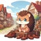A cute hedgehog coobler in cartoon style, at a village street, blue sky, digital anime art, animal creatures