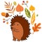 Cute hedgehog, fall leaves, berries, autumn colorfull illustration