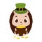 Cute hedgehog in green leprechaun hat holds bowler with gold coins. Irish holiday folklore theme. Cartoon design for