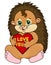 Cute hedgehog holding red heart with the words I love you. Postcard to the Valentine\'s Day and Mother\'s Day