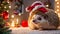 cute hedgehog in a Santa hat funny banner cozy small friendly season celebrate