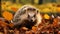 Cute hedgehog sitting on yellow leaf, looking at tree generated by AI