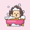 Cute hedgehog taking bubble bath in bathtub cartoon vector illustration.