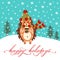 A cute hedgehog in a warm hat with a scarf and a mug with a hot drink. Cartoon character. Animal, trees, snowflakes and