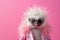 cute hedgehog wearing clothes and glasses on an yellow background. Funny fashion hedgehog wearing sunglasses. Funny, cute photo of