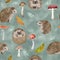 Cute Hedgehogs, Mushrooms, fall leaves seamless watercolor pattern. Autumn forest kids illustration. Magic woodland