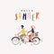 Cute hello summer illustration people on tandem bike.