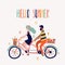 Cute hello summer illustration people on tandem bike.