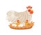 Cute hen on nest with eggs and hatched chickens. Domestic bird during laying and brooding. Colorful flat textured vector