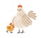 Cute hen standing with yellow chicken. Funny mom and baby birds. Colorful textured flat vector illustration isolated on