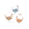 Cute hens and a worm in the barnyard. Hand drawn vector illustration for kids design