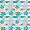 Cute hibiscus flowers on blue stripes background seamless pattern illustration