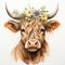 Cute Highland Cow with Flower Crown Watercolor Clipart AI Generated