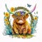 Cute Highland cow with smile fun, with wearing sunflower crowns, eater eggs and flower, watercolor, AI Generated