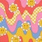 Cute hippie and groovy square background with daisy flowers and distorted waves and checkered pattern. Fashionable