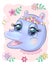 Cute hippo cartoon face with bright expressive eyes with flowers and stars