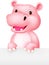 Cute hippo cartoon holding blank sign