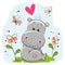 Cute Hippo with flowers and butterflies