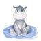 Cute hippo sitting in a pond. Hand-drawn watercolor illustration. Great for postcards, stickers, books, notebooks, textiles,