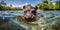 Cute hippo swimming underwater. Generative AI