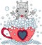Cute hippo taking a bath on love tea cup