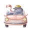 Cute hippo on vacations going through the wind, watercolor illustration, summer clipart with cartoon character