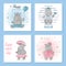 Cute Hippo vector illustrations. Set of birthday greeting cards