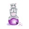 Cute hippopotamus animal sitting on violet fitness orb. Concept of fitness circus, trick, excess weight, home trainig, workout.