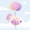 Cute Hippopotamus with balloons on the sky, Happy Valentine Day, Happy Anniversary and Happy Birthday concept