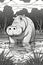 Cute hippopotamus coloring page for kids. Black and white. Generative AI