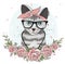 Cute hipster cat with glasses, scarf and flowers