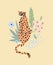 Cute hipster cheetah with flowers and tropical. Wild cat background.