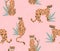 Cute hipster cheetah seamless pattern. Pink leopard tropical background.