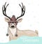 Cute hipster deer with hat and glasses winter background