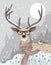 Cute hipster deer with scarf and glasses. Winter night