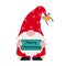 Cute holiday gnome vector illustration. A bearded elf is holding a sign with a wish for Merry Christmas. Santa Claus