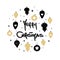 Cute holiday greeting card with handwritten modern lettering merry christmas text and christmas gold and balck balls