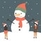 Cute holidays vector illustration with happy tiny people and beautiful huge snowman