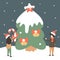 Cute holidays vector illustration with happy tiny people decorate huge christmas tree in the snow