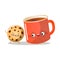 Cute homemade cookie character is smiling with red coffee mug