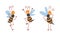 Cute Honey Bee with Antenna and Striped Body Running and Cheering Vector Set