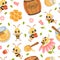 Cute Honey Bee Seamless Pattern Design with Busy Insect and Natural Sweet Food Vector Template