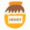 Cute honey in glass jar with checkered towel in trendy naive style. Popular dessert. Organic natural sweets for breakfast and tea