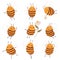 Cute honeybee. Funny honey getters characters in various states and poses. Cartoon working winged insects. Buzzing